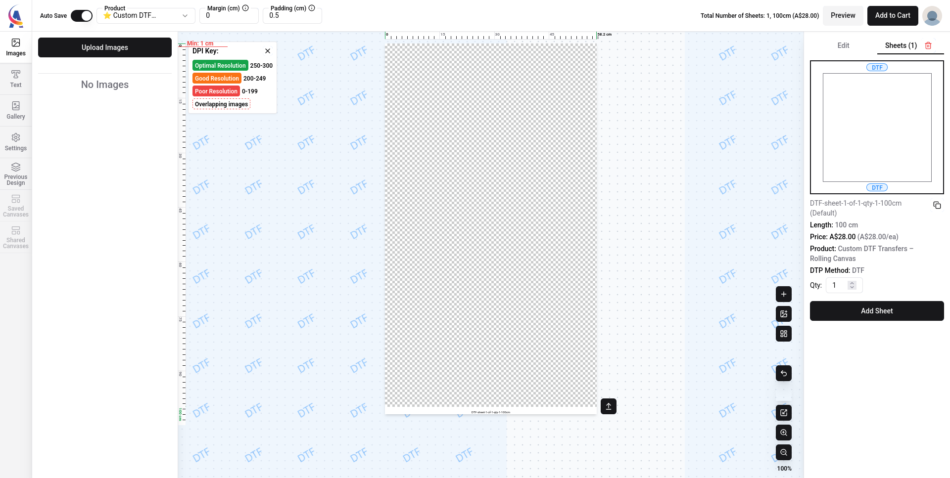 EVRST DTF builder: rolling canvas with images sidebar, sheet panel and add-sheet controls